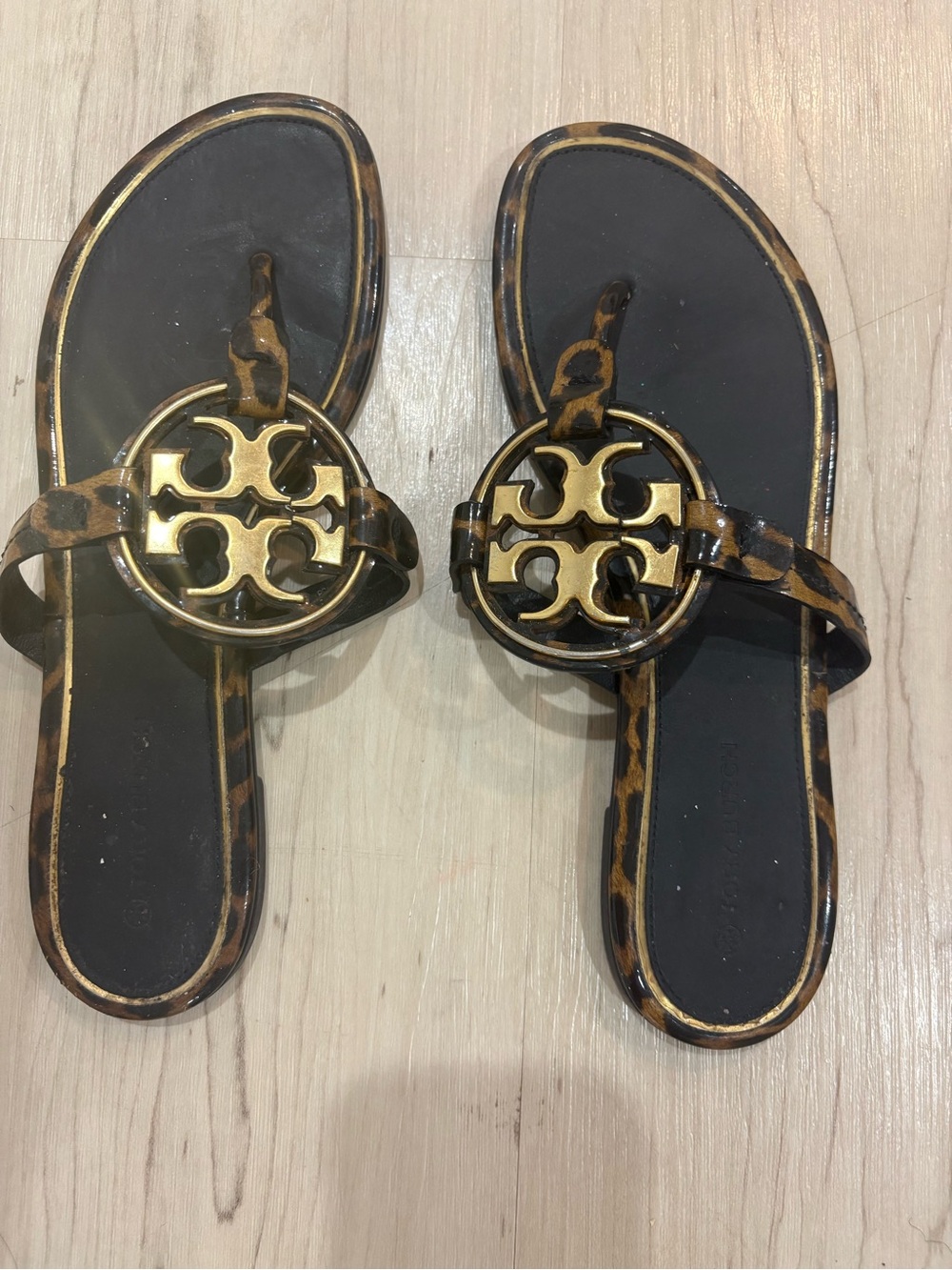 Tory Burch Leopard Print Logo Jelly Sandals - Black & Brown with Gold Medallion